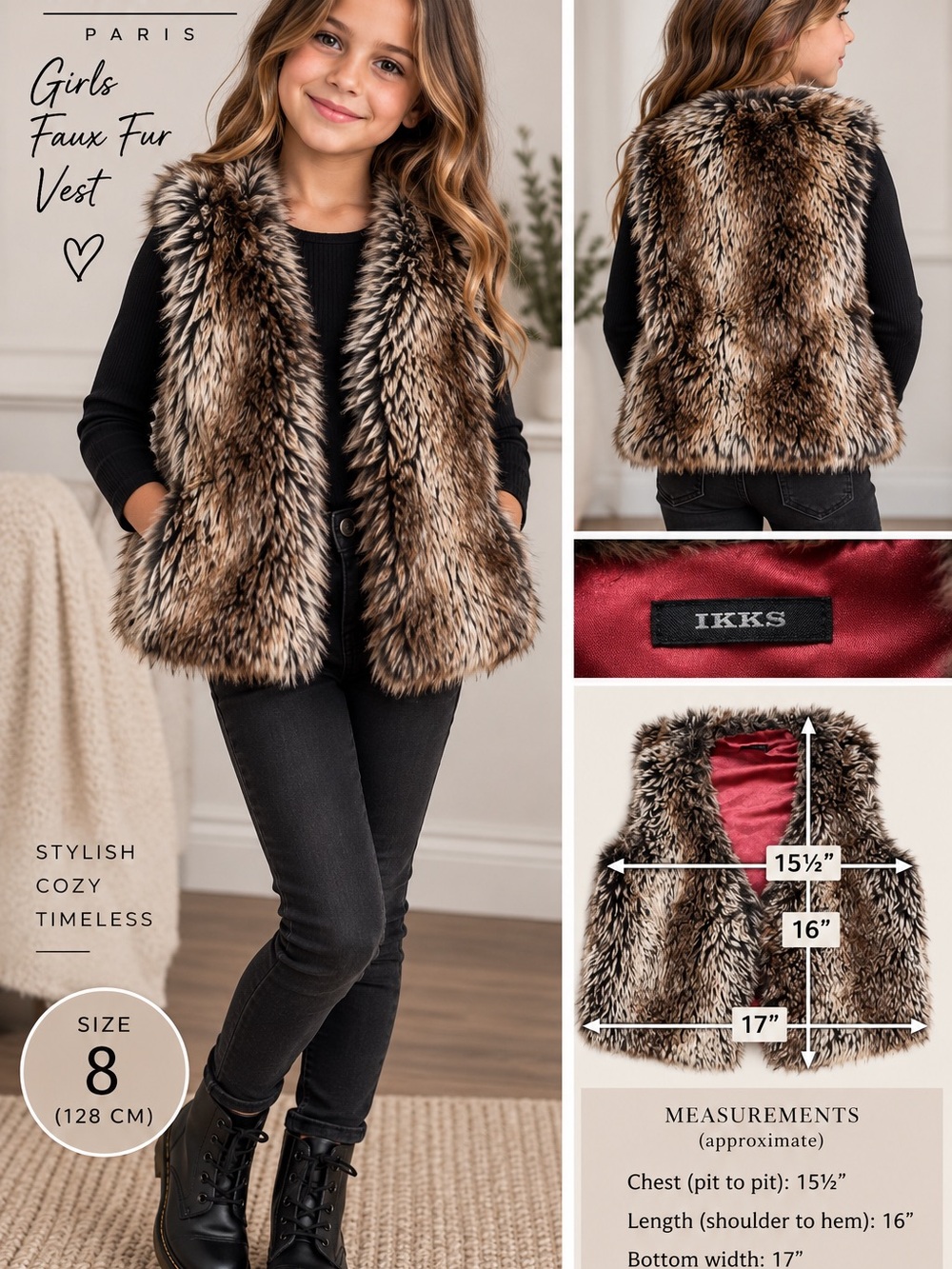 IKKS Girls Faux Fur Vest Brown Black Snap Front Size 8 128cm